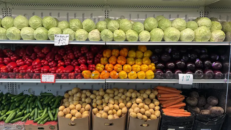Red, orange and yellow bell peppers, eggplant, cabbage, potatoes and carrots